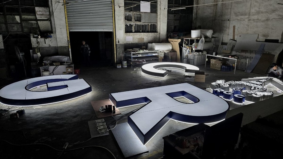 Factory floor overview with giant letters